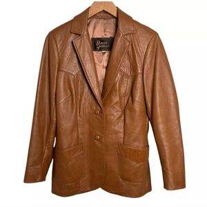 LIKE NEW VINTAGE CARAMEL COLORED LEATHER WESTERN THEME LEATHER JACKET SZ SM
